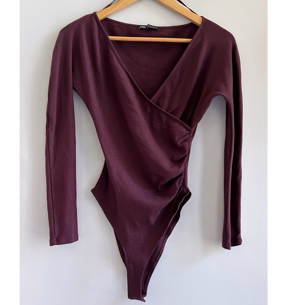 Zara Crossover Ribbed Bodysuit Burgundy Maroon Small